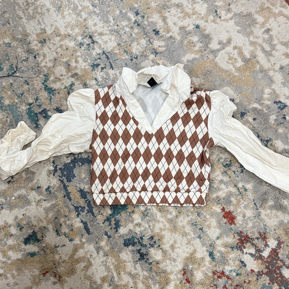 SHEIN Brown and White Argyle Blouse